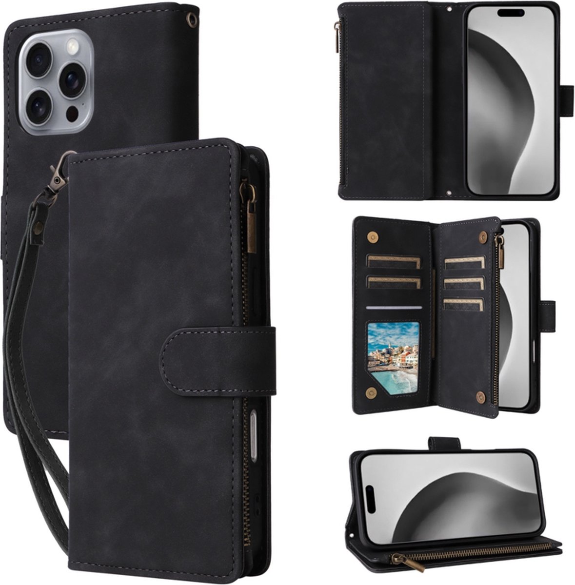 Portemonnee - Etui Tas geschikt voor iPhone 16 Pro Max - Met Schouder - Draagkoord - Zwart