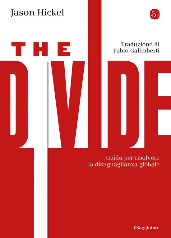 Boekomslag van 'The Divide' door Jason Hickel. Rode achtergrond met witte tekst.
