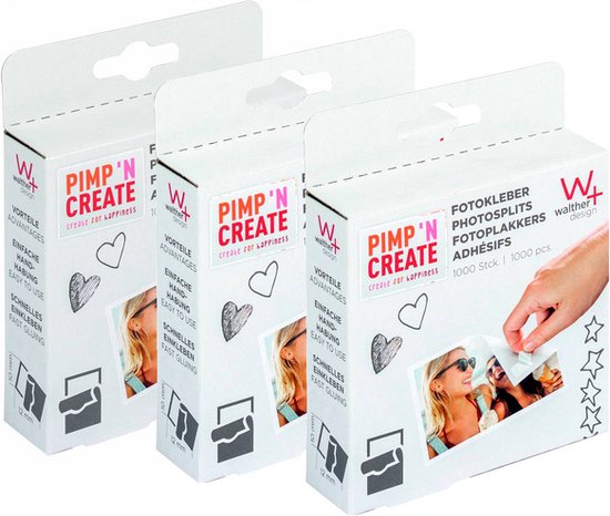Drie witte dozen met Walther Design fototape. De dozen hebben een opdruk met 'PIMP 'N CREATE' en afbeeldingen van vrouwen en hartjes.