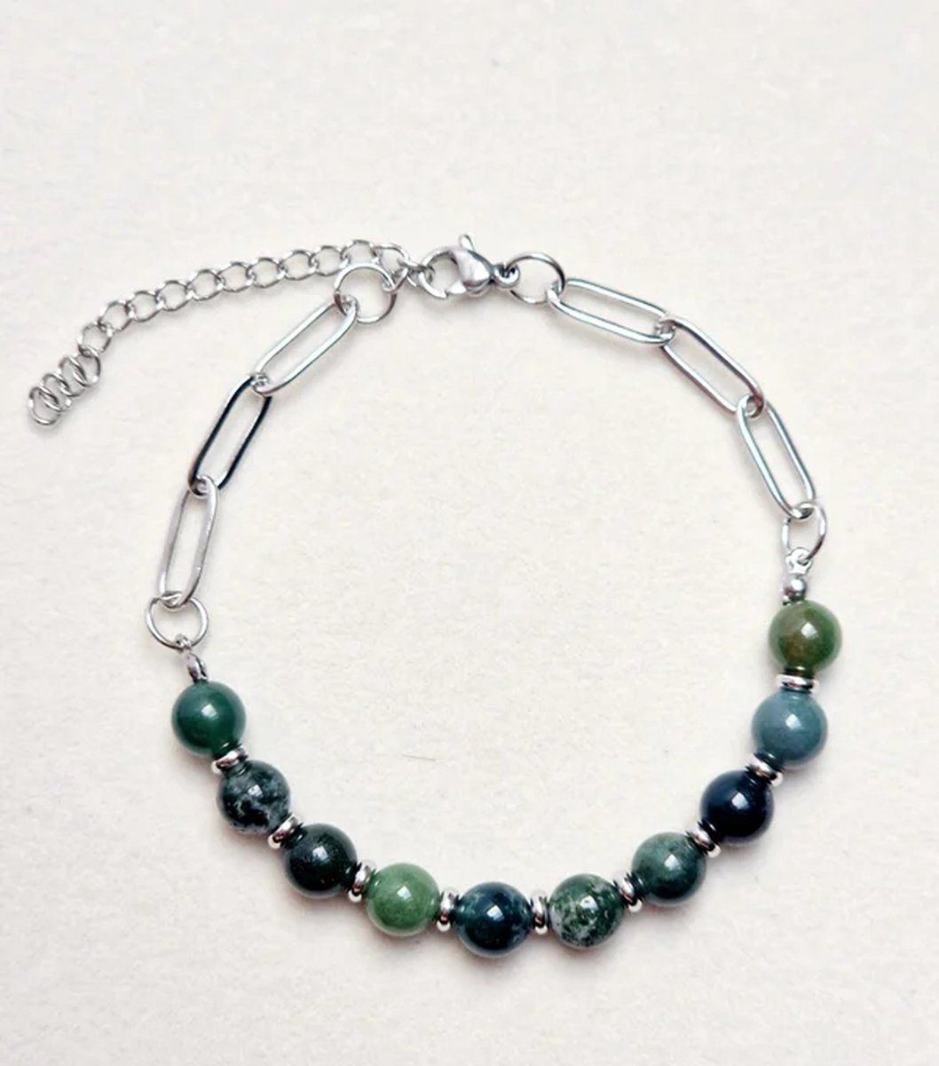Schakel armband met Mos agaat kralen - Zilverkleurig Stainless Steel - Groene half edelstenen - Paperclip schakel - Dames armband