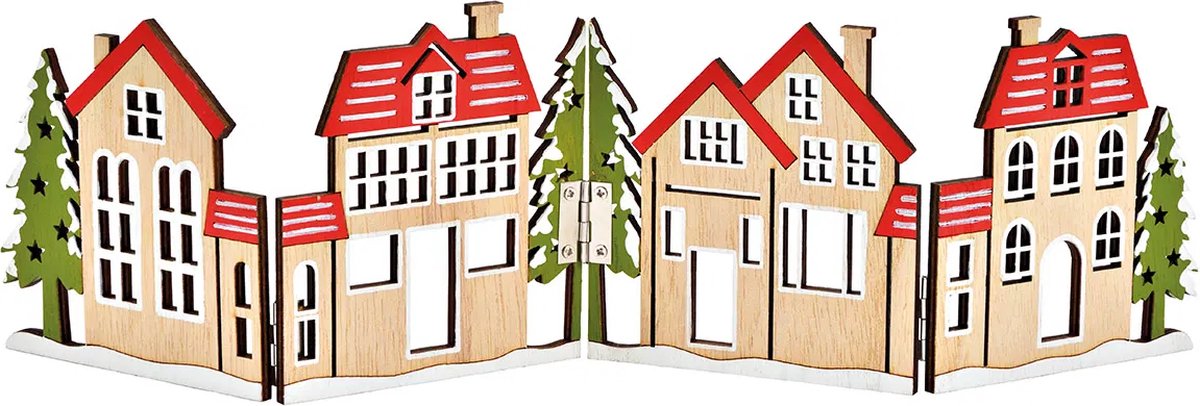 Houten kerstdecoratie houten huisjes met kerstbomen