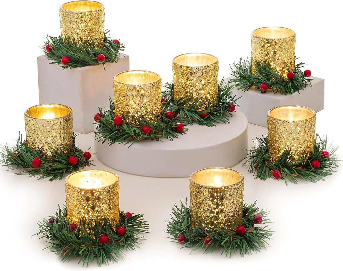 Goedkoopste Kerstkaarsenhouder tafel middenstuk - 12 stuks glazen theelichtkaarsenhouders - kerstdecoratie feest woondecoratie - votiefkaarsenstandaard Kerstmis bruiloft.