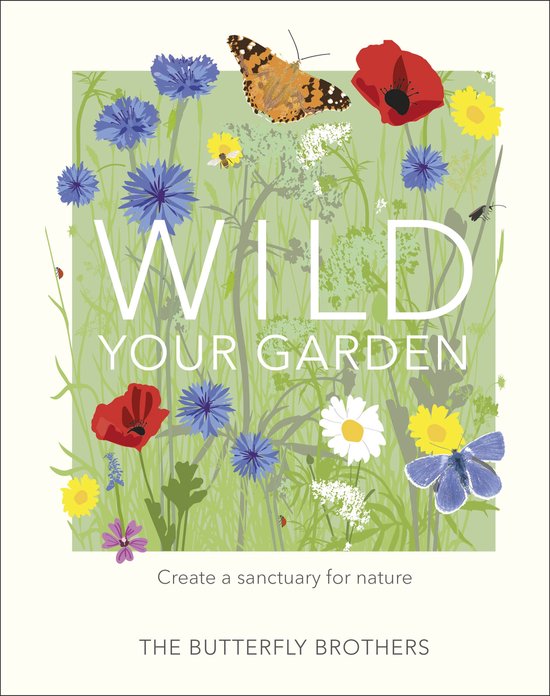 Korenbloemen, klaprozen en gele bloemen met een vlinder, bij en lieveheersbeestje. Tekst 'Wild Your Garden'.