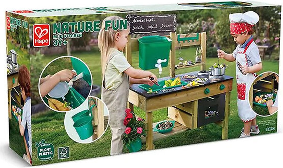Hape Premium Buitenkeuken Modderkeuken - Speelkeuken Buiten met Watertank en Kraan - Duurzaam Hout - 3 Jaar+ — afbeelding 11