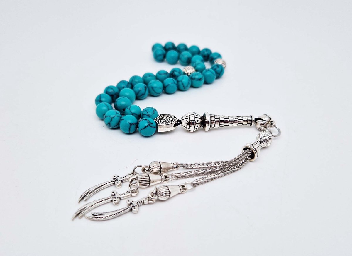 Handgemaakte tesbih "tasbih" natuursteen "Howliet groen" - Aantal kralen 33 - Diameter kralen 8 MM - met metaal tassel "model A6" - Een mooi cadeau-idee