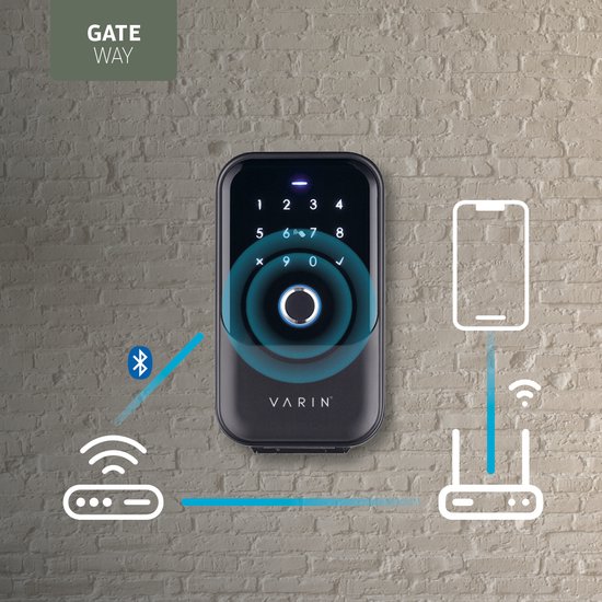 Grafische weergave van de Varin smart sleutelkluis verbonden via Bluetooth met een smartphone en wifi router.