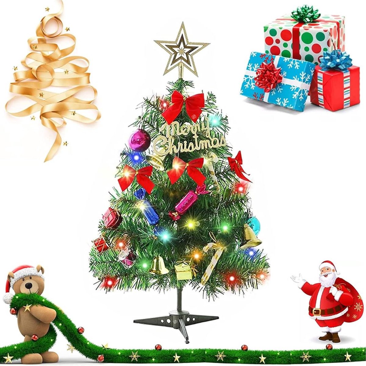 Equivera Mini Kerstboom - Kleine Kerstboom - Mini Kerstboompje met Verlichting - Mini Kerstboom met Lampjes - Mini Kerstboom met Decoratie - Mini Kerstboom met Versiering - Minikerstboom - Kerst Decoratie - Kerstversiering