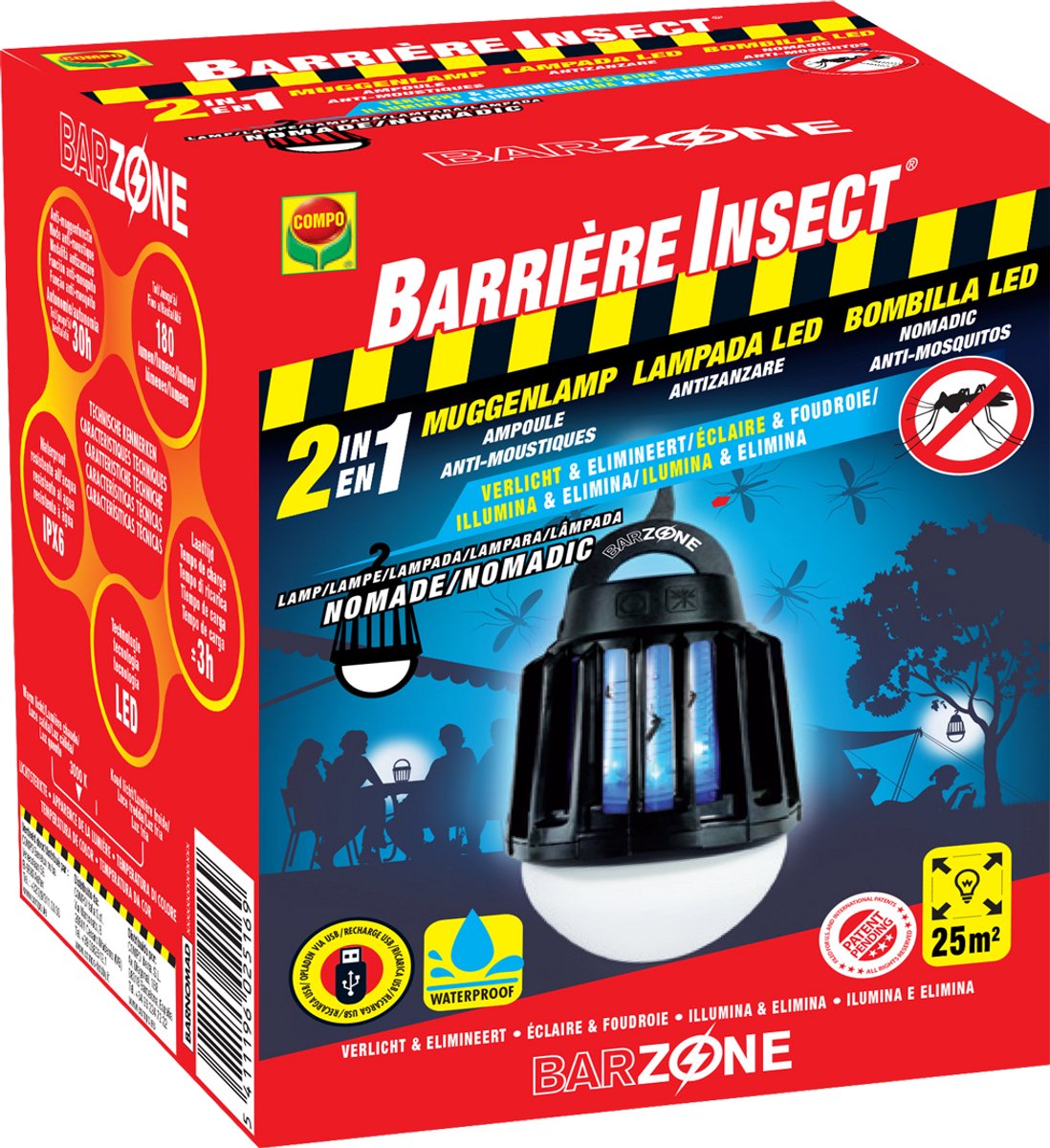 Barrière Insect Nomade Muggenlamp 2 in 1 - verlicht de omgeving en bestrijdt muggen - met USB kabel - waterbestendig - 1 stuk