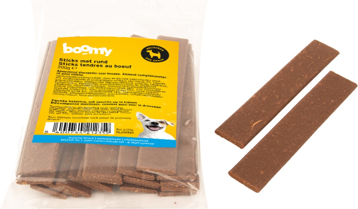 Boomy - Hondensnacks - Hondensnoepjes - Hondenkoekjes - Zachte kauwstaafjes - Sticks met rund - 2 x 200g