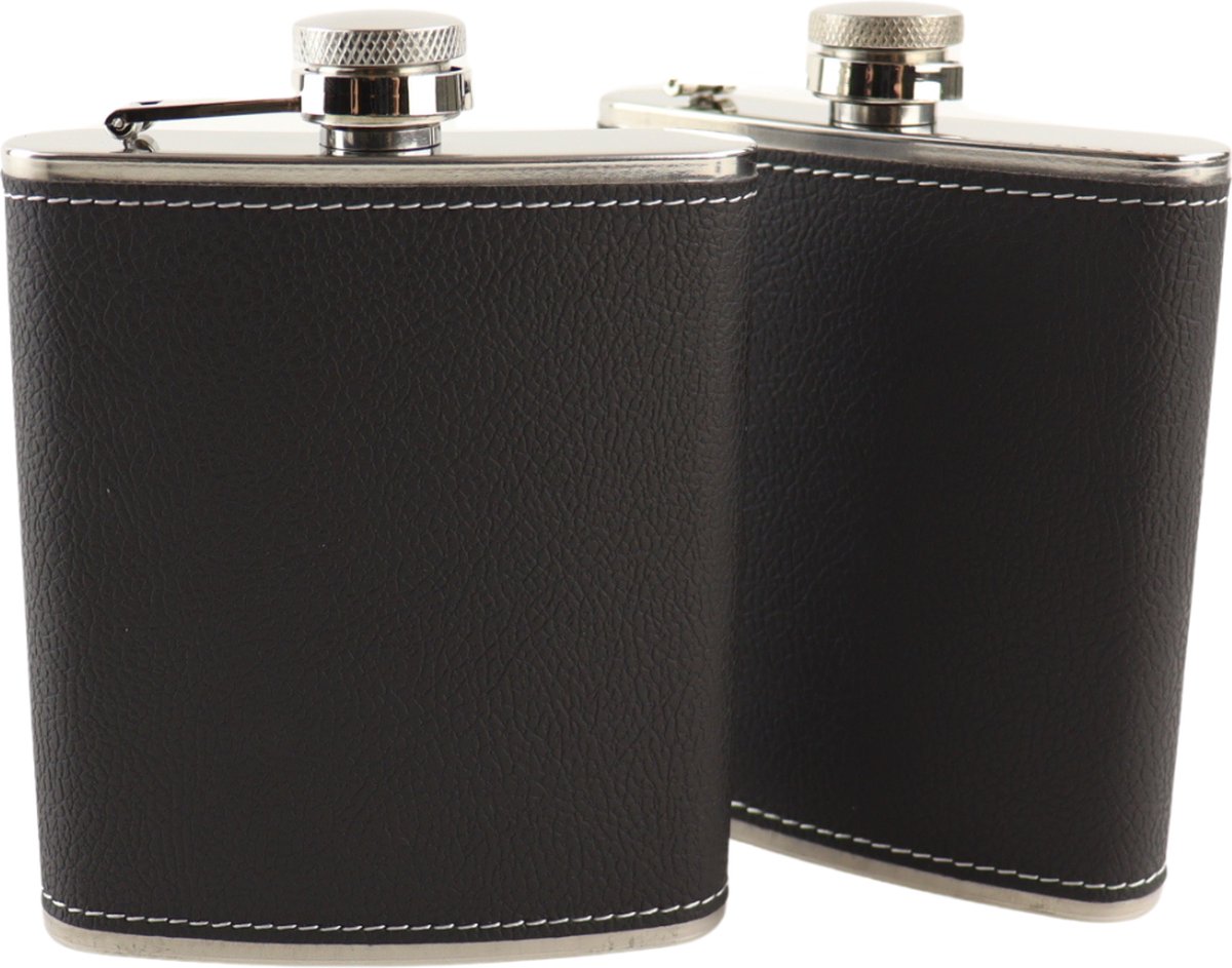 HIXA Heupfles - 2 Stuks - Flacon - Veldfles - Platvink - 200 ml - PU Leder - Zwart