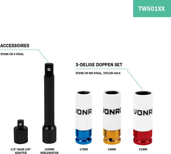 Zwarte VONROC accessoireset met 1/2" adapter, verlengstuk en 3 gekleurde doppen (17mm, 19mm, 21mm).