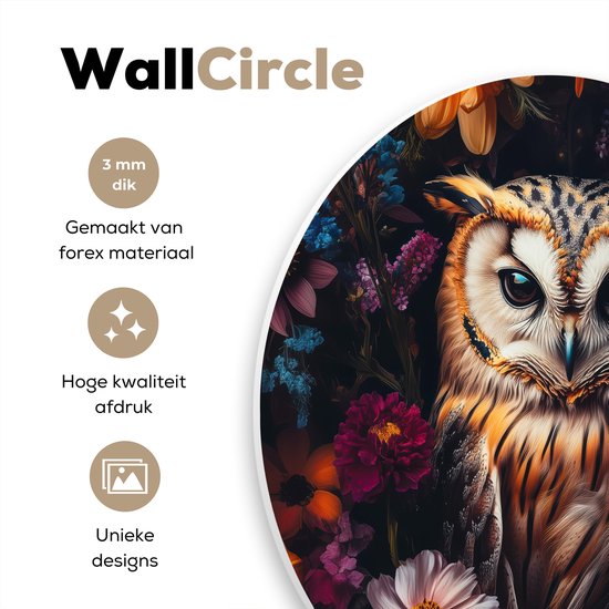 WallCircle - Cercle mural 90x90 - Hibou - Fleurs - Coloré - Nature - Tableaux ronds salon - Plaque murale ronde - Cercle de Décoration murale murale - Décoration de chambre à l'intérieur - Cercle mural de Décoration murale - Accessoires de maison