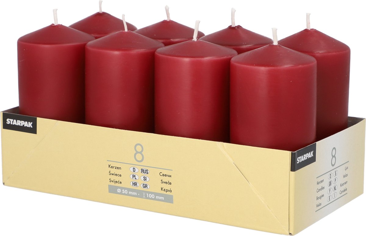 Conpax candles Stompkaarsen/zuilkaarsen set van 8x - bordeaux rood - D5 x H10 cm - 16 branduren