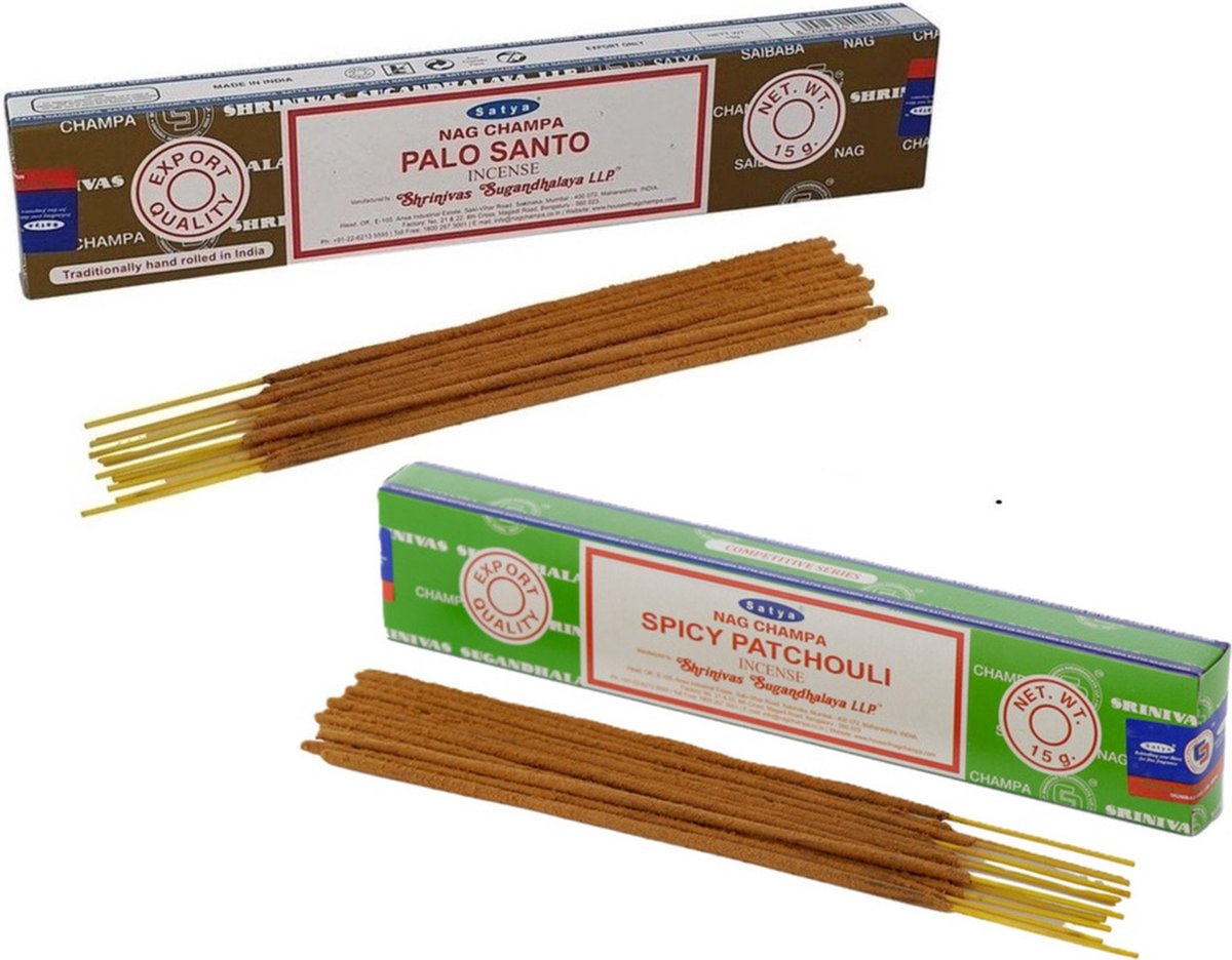 Satya Wierook cadeau set - 2x geurstokjes - Palo Santo en Patchouligeur - Meditatie Lichtgroen