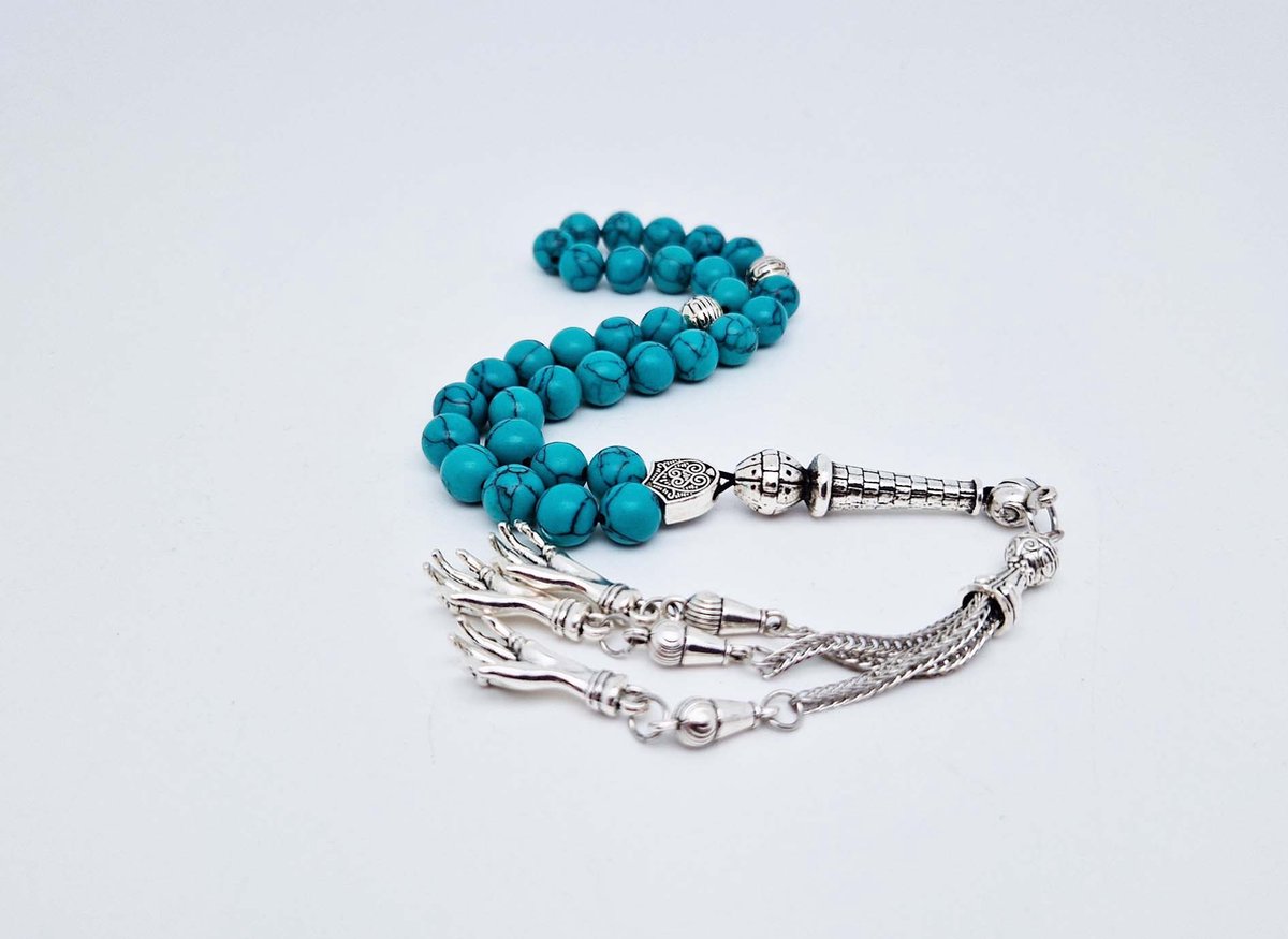 Handgemaakte tesbih "tasbih" natuursteen "Howliet groen" - Aantal kralen 33 - Diameter kralen 8 MM - met metaal tassel "model A13" - Een mooi cadeau-idee