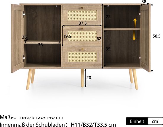 Ladekast met 6 laden, rotandeuren, hout en metaal, walnoot (90x120x40 cm
