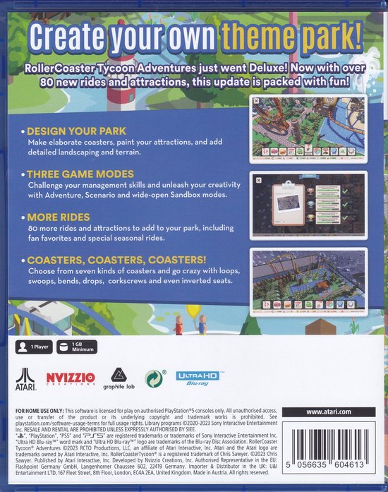 De achterkant van de RollerCoaster Tycoon Adventures Deluxe PS5-gamehoes met tekst over spelmodi en functies.