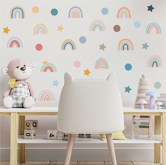 Stickers muraux - Arc-en-ciel - 22 x 30 cm x 4 pièces - Autocollants réutilisables/repositionnables - Chambre d'enfant - Papier peint autocollant - Aquarelle - Garçon - Fille