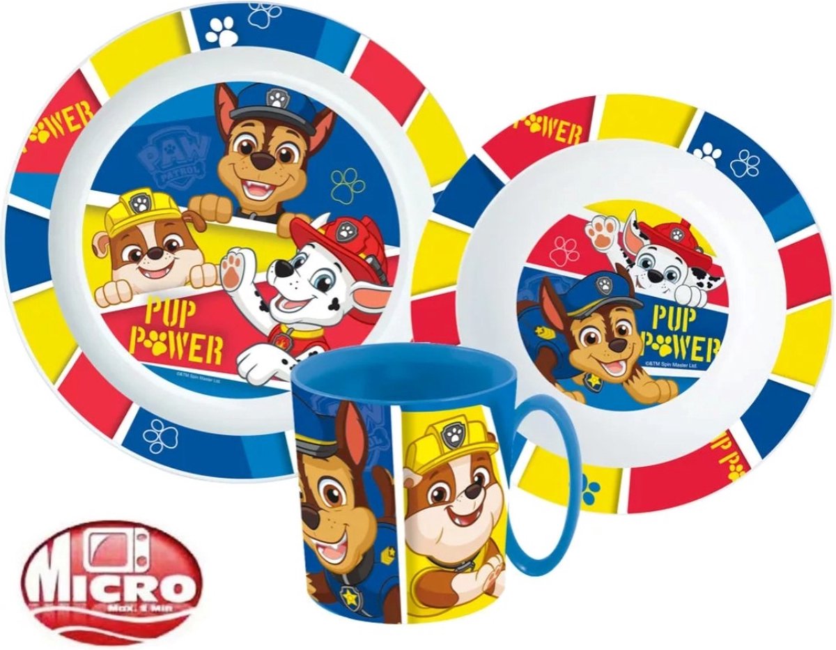 Paw Patrol Pup Power Ontbijtset - Lunchset - Dinerset Bord, Schaal en Beker 350ml