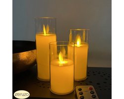 foto van Led Kaars in Behuizing - Set van 3- Bewegende vlam -10-12.5-15 cm -batterijen incl. Afstandsbediening
