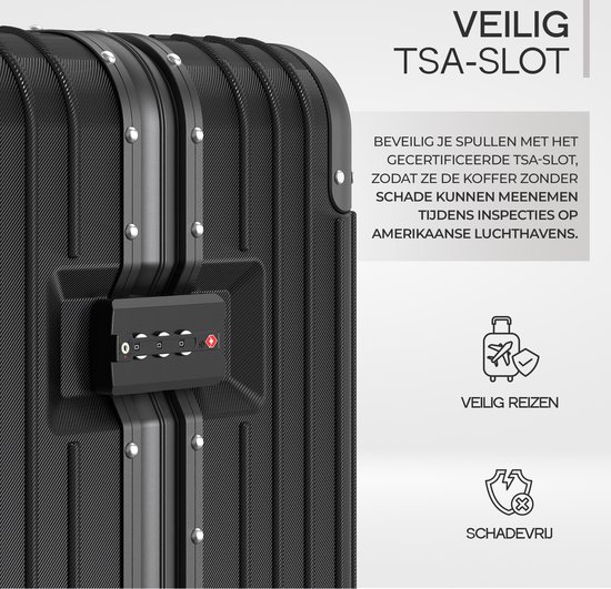 Close-up van het TSA slot op een zwarte koffer. Tekst over veilig reizen en schade.