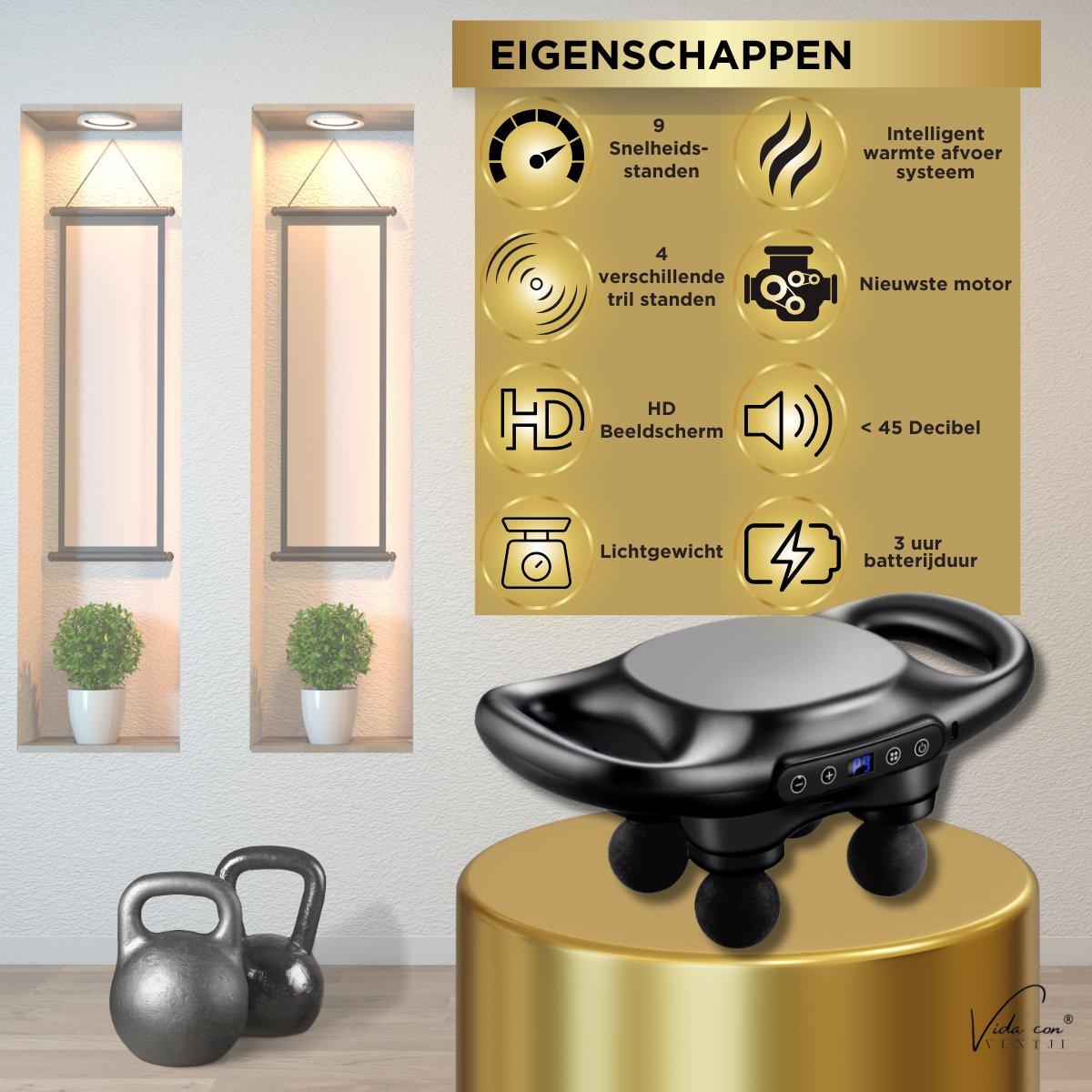 Afbeelding 3 van Vida con Ventji® - Premium Massage Gun - Massage Apparaat - Draadloze Percussie Massager voor Krachtige Spierherstel en Ontspanning - Massagegun - Handsfree - Inclusief Opbergtas - Nieuwste Model