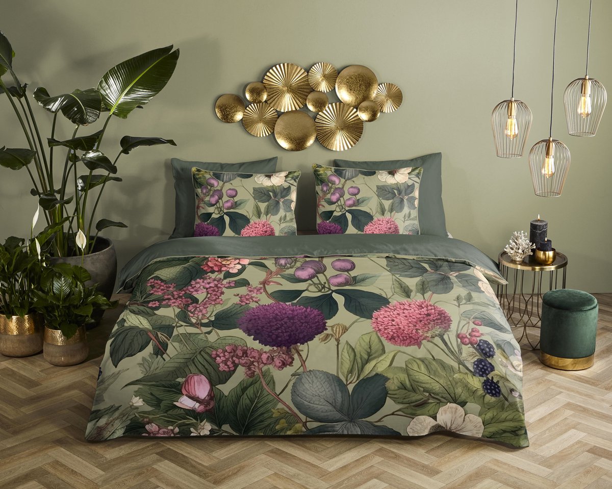 Descanso dekbedovertrek bloemen & bladeren - 2 persoons 200x200/220 cm - Groen - 100% Katoen satijn