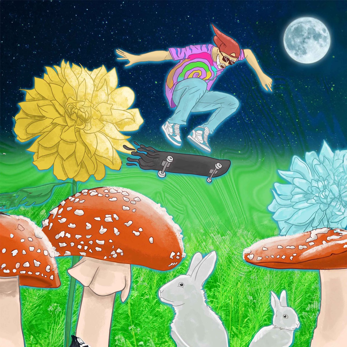 Mushroom Trippin - Rocksma - Skateboarder in Fantasiewereld - 40x40 cm - Canvas- Print - Digitaal Ontwerp - Unieke Kunst - Wanddecoratie