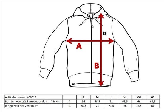 Schematische tekening van een hoodie met afmetingen A en B.