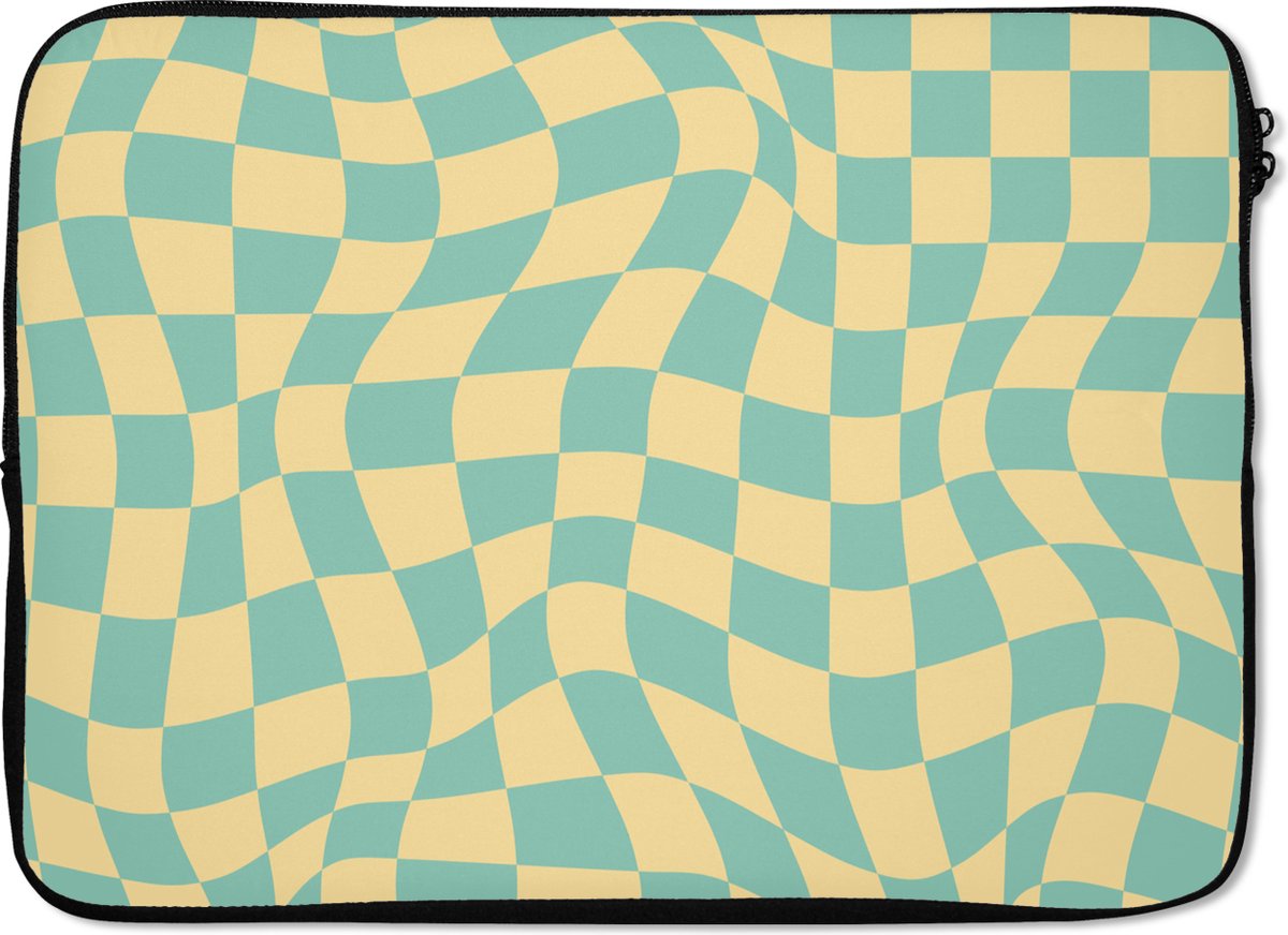 Laptophoes 13 inch - Hokjes patroon - Geel - Blauw - Golvende lijnen - Laptop sleeve - Binnenmaat 32x22,5 cm - Zwarte achterkant