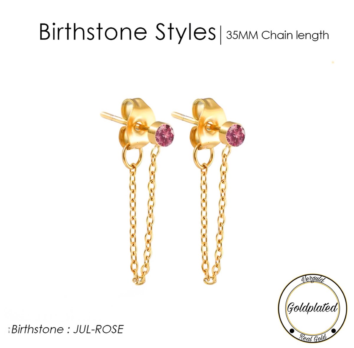 Borasi Birthstone Oorbellen Met Hanger Juli | Goldplated | Roze | Dames Sieraden |