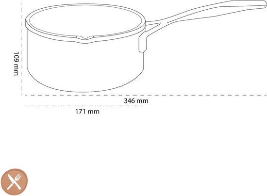 Gekleurde schematische tekening van een steelpan met afmetingen 171 mm x 109 mm en een lengte van 346 mm.