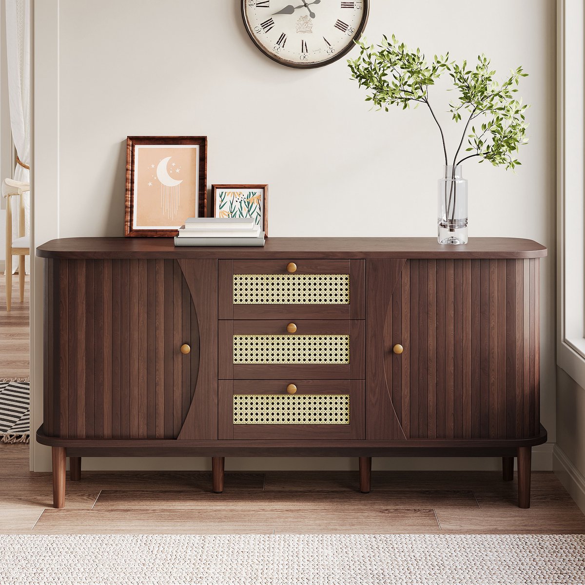Gutent Dressoir, Rotan kast met laden, met schuifdeuren, Kleur Walnoot