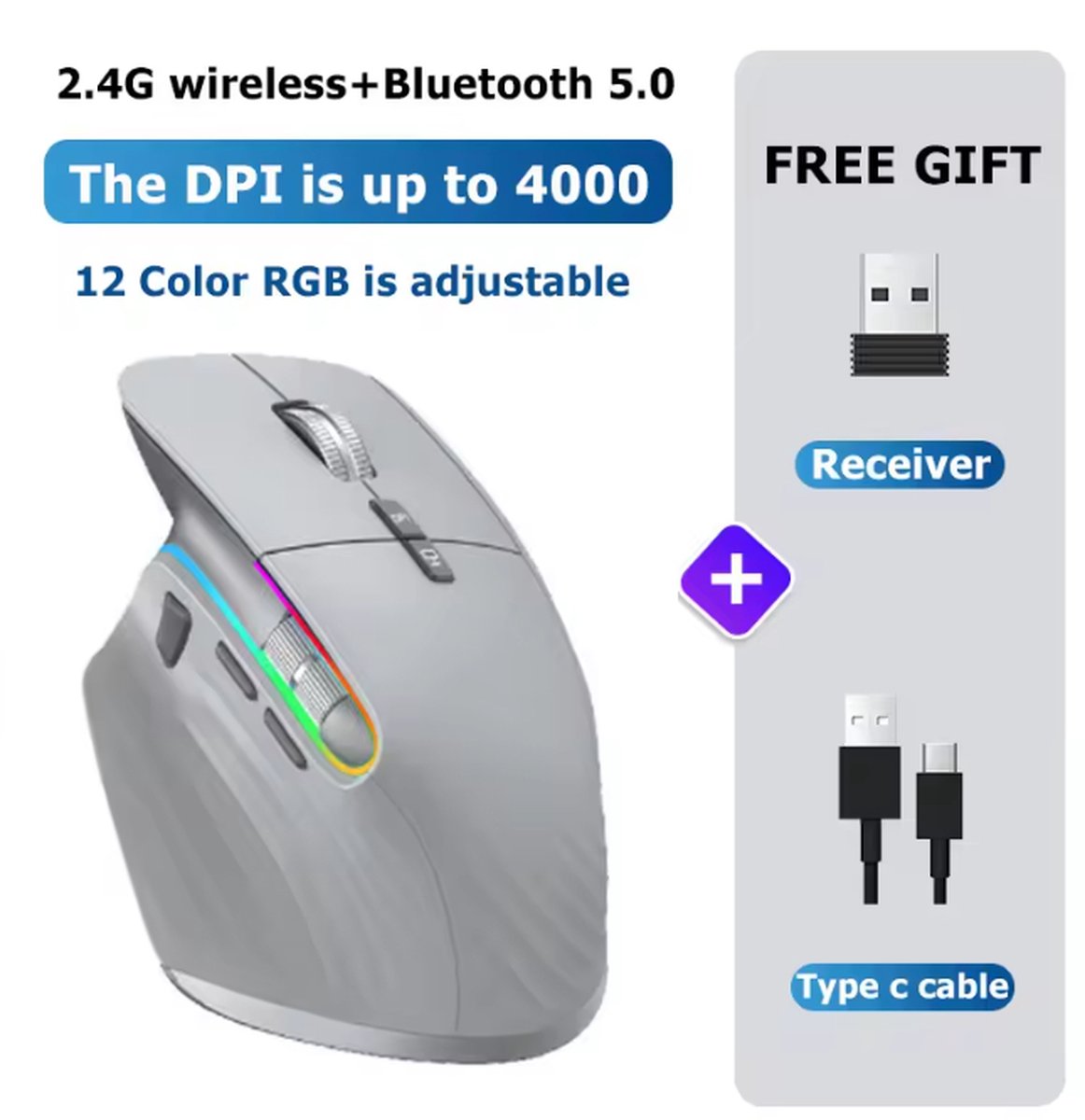 GeniusICT Zwarte RGB Draadloze Bluetooth Muis – Oplaadbaar, Ergonomisch Design, 2.4G, 10000 DPI, Gaming & Kantoor