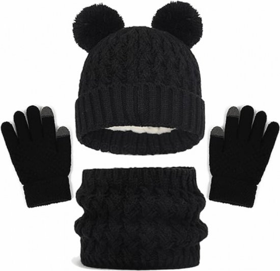 FISFET Muts, sjaal & handschoenensets voor dames, beanie-muts, met pompon, met fleece gevoerd, touchscreen handschoenen, 3-in-1 set voor de winter, havervlokken, One size