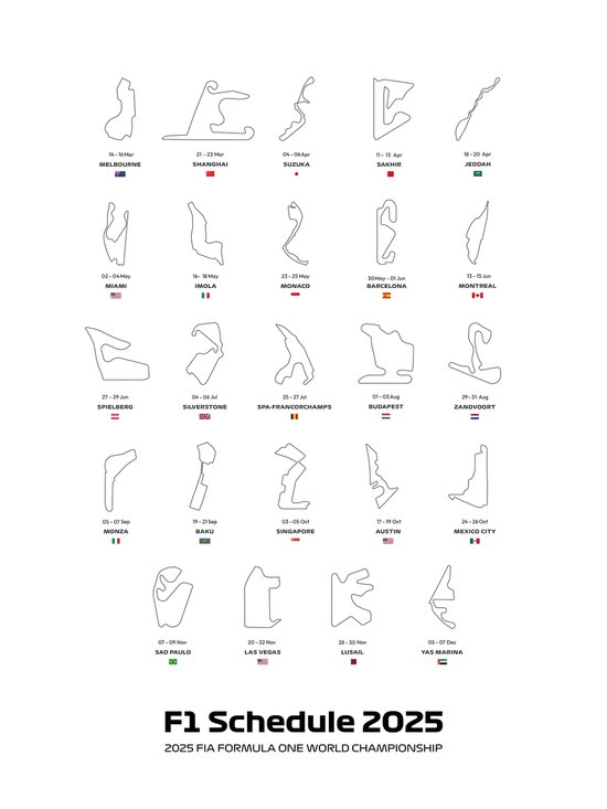 A4 Formula 1 calendar 2025 bol