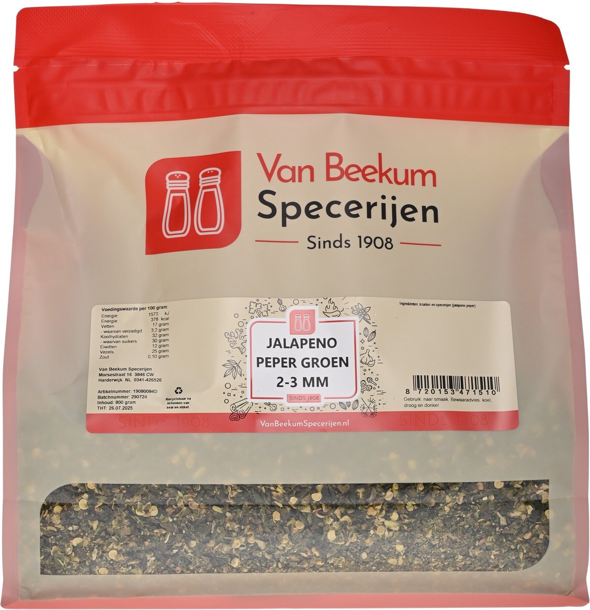 Goedkoopste Van Beekum Specerijen - Jalapeno Peper Groen 2-3 mm - 800 Gram (hersluitbare stazak