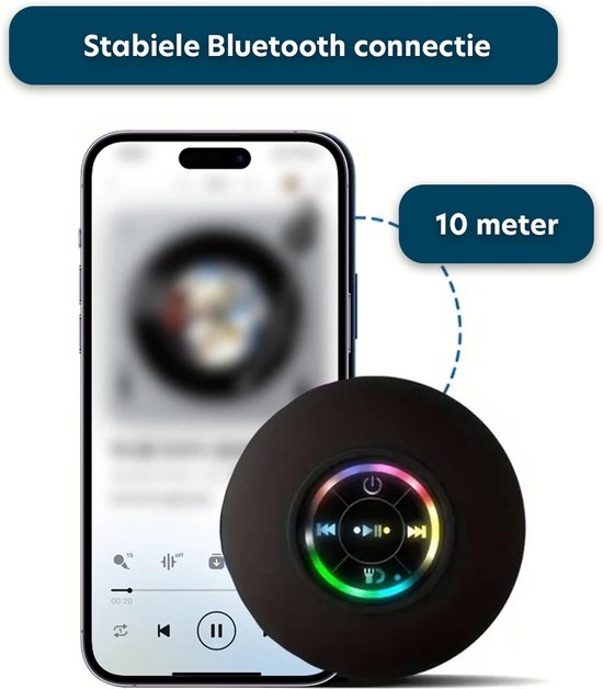 Waterdichte Mini Speaker - Bluetooth Douche Speaker - Waterdichte LED Luidspreker Voor De Douche - Draadloze Mini Speaker - Handsfree Bellen - Douchespeaker - Met Zuignap - Zwart van Merkloos — afbeelding 5