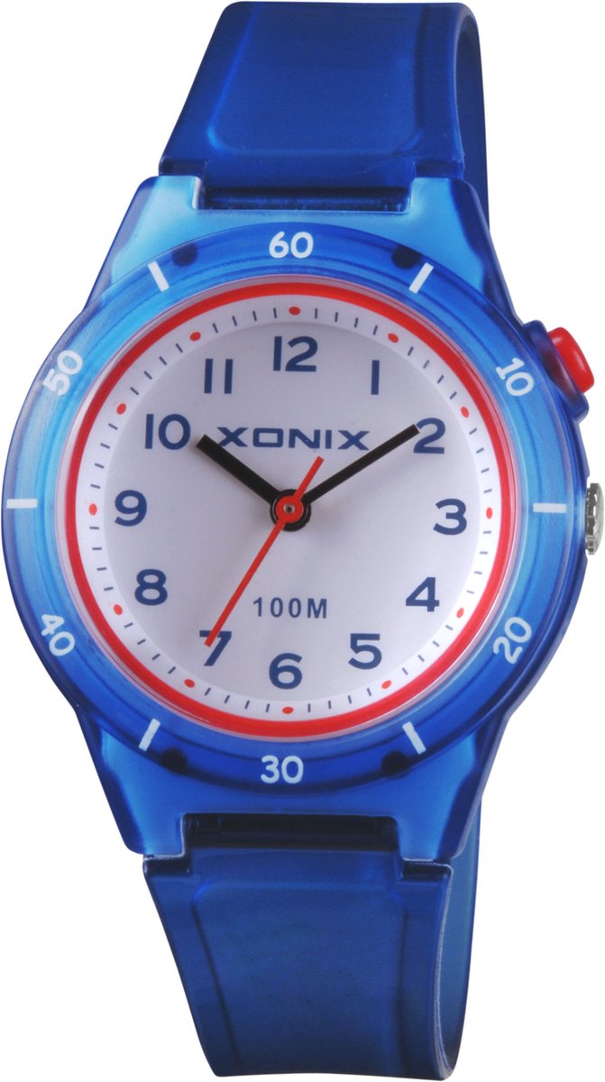Xonix ABU-006 - Horloge - Polshorloge - Analoog - Kinderen - Unisex - Siliconen band - Rond - Kunststof-ABS - Cijfers - DonkerBlauw - Blauw-Transparant - Rood - Wit - Waterdicht