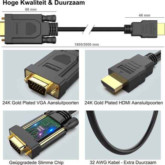 Câble BENFEI HDMI vers VGA 1,8M, unidirectionnel HDMI vers VGA (mâle vers mâle) compatible entre autres Ordinateur, ordinateur portable, projecteur, téléviseur HD et Xbox