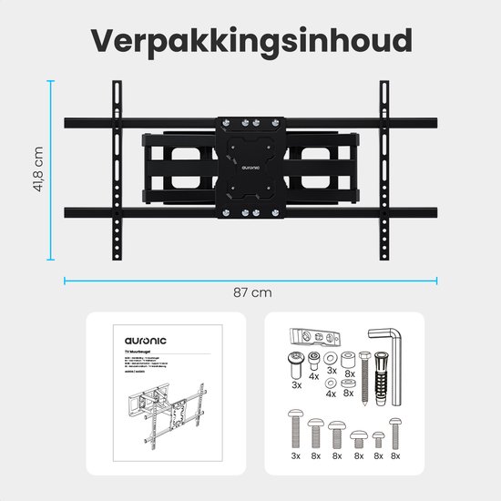 Verpakkingsinhoud van een Auronic TV muurbeugel, inclusief beugel, handleiding en schroeven.