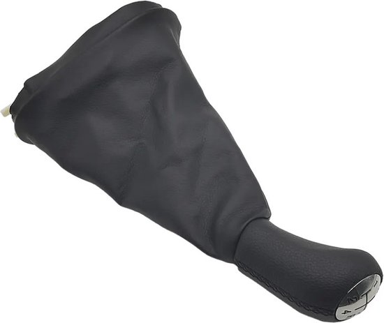 Zwarte pookknop met stoffen hoes en chrome afwerking. Met 5 versnellingen.
