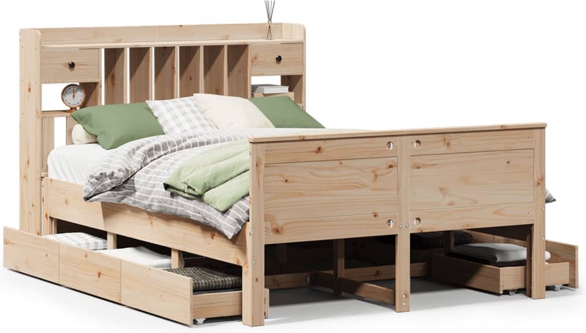 vidaXL - Bed - met - boekenkast - zonder - matras - massief - grenenhout - 140x190 - cm