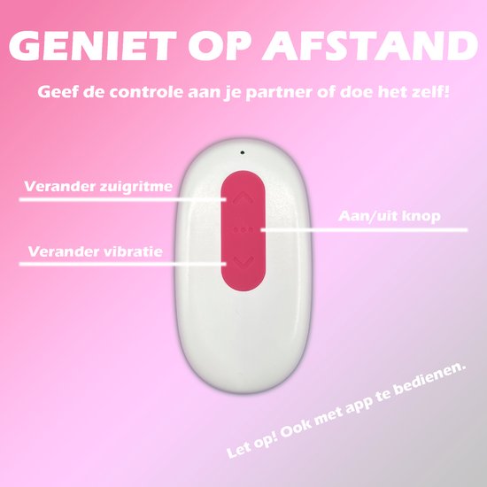 Witte afstandsbediening met rode knoppen voor aan/uit, zuigritme en vibratie. Tekst: Geniet op afstand.
