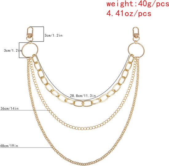 Goudkleurige pantalonketting met drie lagen kettingen en afmetingen.