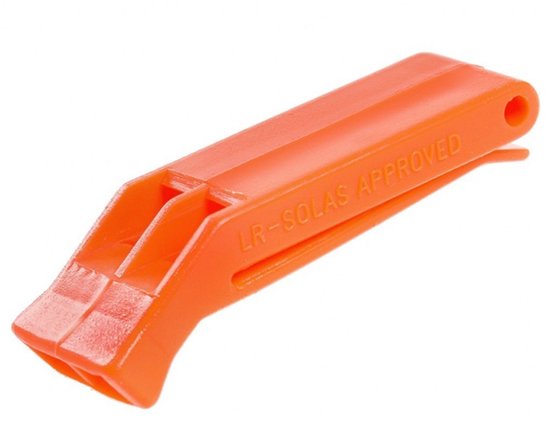 Oranje plastic fluitje met LR-SOLAS APPROVED erop, met een opening aan elk uiteinde.