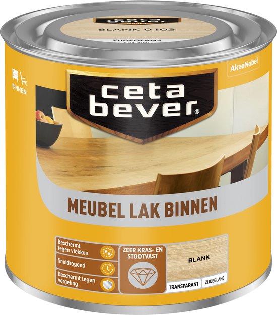Blikken met CetaBever meubellak transparant zijdeglans, blank. Tekst: meubel lak binnen, zeer kras- en stootvast.