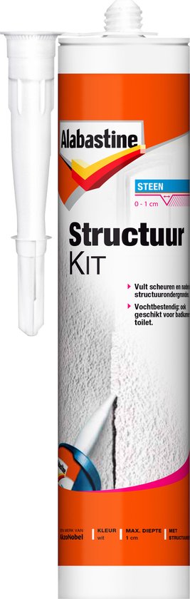 Alabastine Structuurkit in witte koker met oranje en rode accenten. De koker toont een gestructureerd oppervlak.