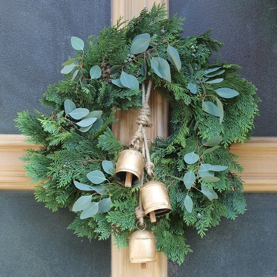 Cloches de Noël dorées - Cintre de cloche de Noël - Noël de Noël en métal doré Cordon de jute 60 cm - Décoration de Noël Garland Goud Decor rustique Commerce Fair - Décorations de Noël sobre et rurale