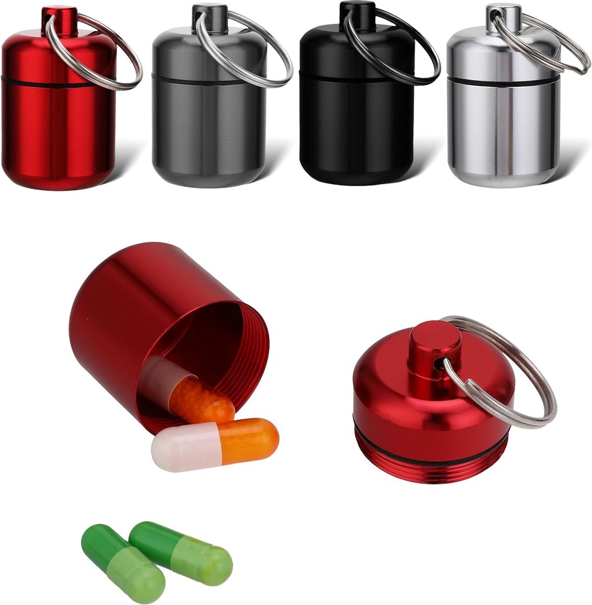 Goedkoopste Metalen pillendoos, 4 stuks, kleine tablettendoos, sleutelhanger, mini-capsule, waterdichte tablettenbox, draagbare pillendoosje voor reizen, kamperen, vissen, opslag (4 kleuren
